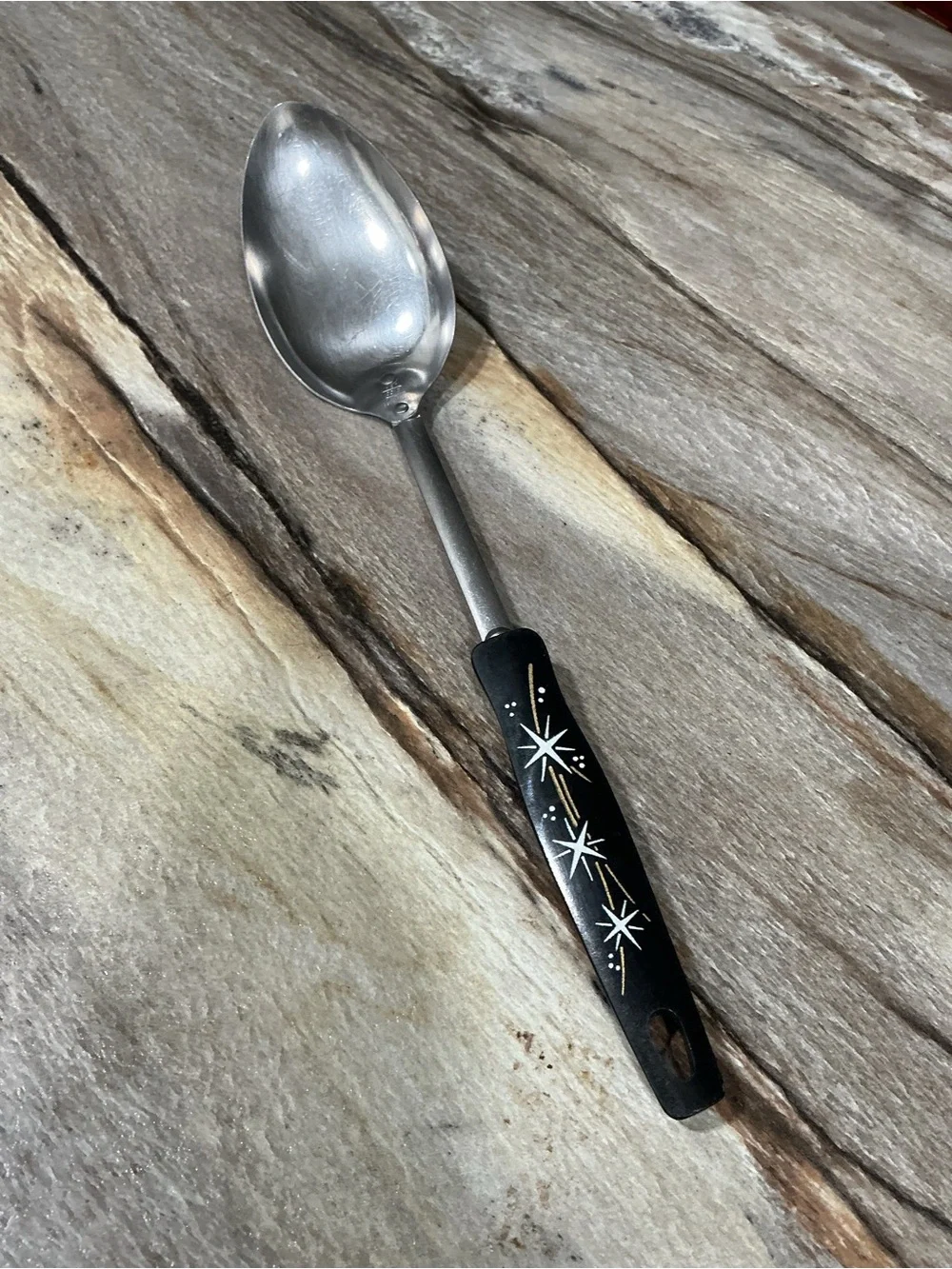 Vintage 1960s EKCO USA Atomic Starburst Black Handle Stainless Steel Serving Spo